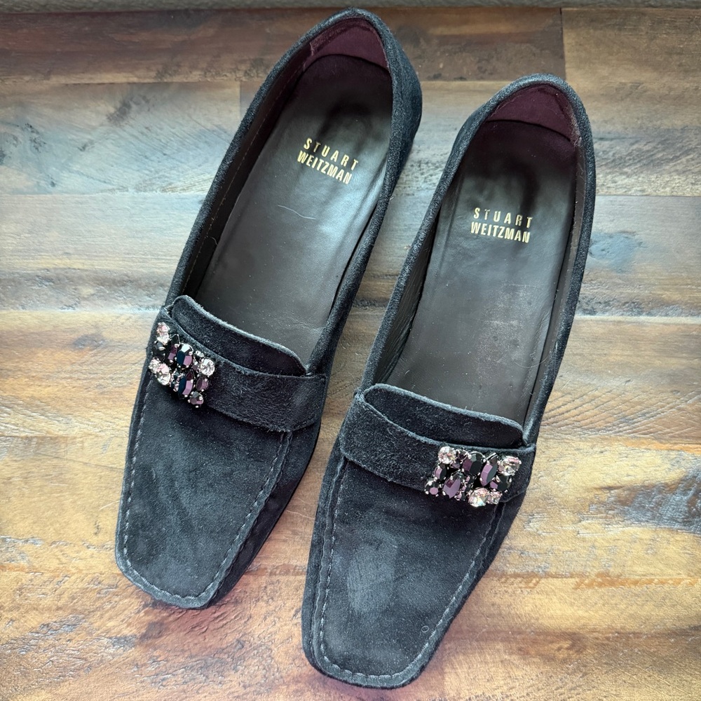 Stuart Weitzman Velvet Square Toe Loafers Womens 7.5 Rhinestone Dressy‎ Classic